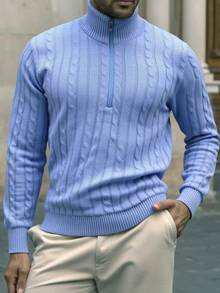 Manfinity Homme Plus Size Men's Solid Color Half Zip Cable Knit Turtleneck Sweater, Fall Winter, Long Sleeve Top - Baby Blue - View 3
