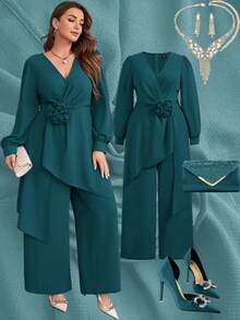 SHEIN Ellevyn Plus Size Chiffon Long Sleeve 2 Pieces Set, Autumn/Winter - Teal Blue - View 1