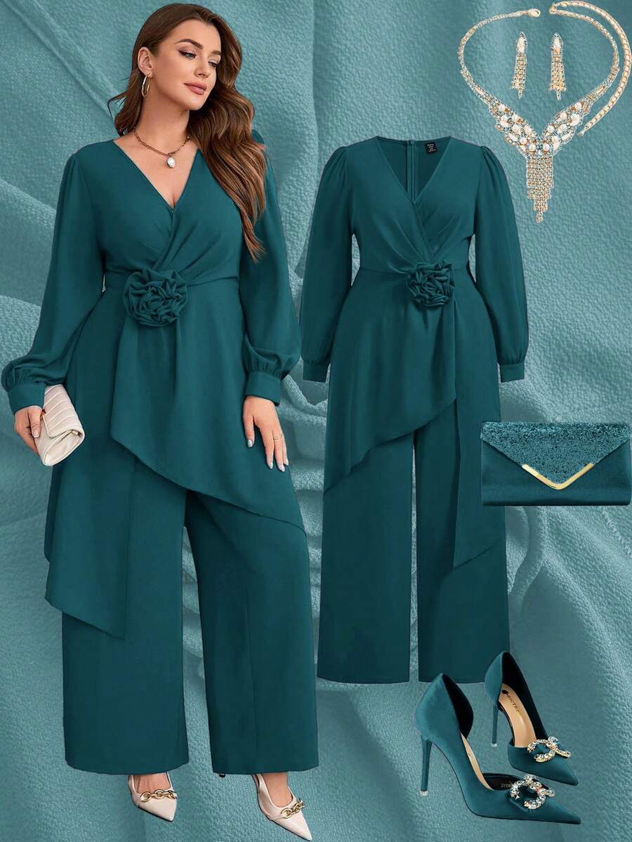 SHEIN Ellevyn Plus Size Chiffon Long Sleeve 2 Pieces Set, Autumn/Winter - Teal Blue - View 1