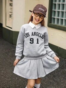 Hanevo 2pcs/Set Tween Girl American College Style Collared Shirt With English Letter Print & Pleated Skirt, Casual Sweatshirt Set - Light Grey - View 4