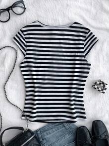 少女春夏情人节、居家服、清纯女孩、美式BM风、Y2K、黑白条纹针织U领短袖T恤 - 黑與白 - 查看 2