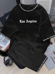 Claim Dot 男士字母图案短袖上衣和短裤两件套服装，外出，舒适服装 - 黑色 - 查看 1