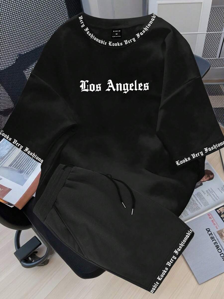 Claim Dot 男士字母图案短袖上衣和短裤两件套服装，外出，舒适服装 - 黑色 - 查看 1