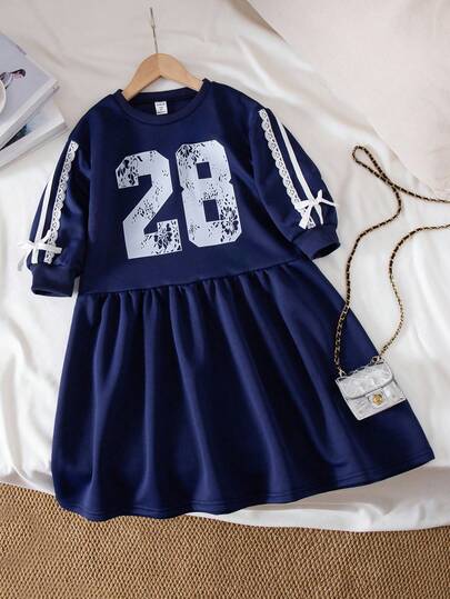 Genkimix Kids 女孩休闲韩版大号印花蝴蝶结装饰落肩圆领卫衣连衣裙，宽松版型，藏青色，适合秋季日常穿着