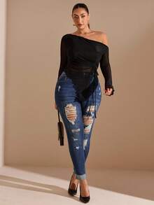 SHEIN BAE Plus Size Washed Ripped Jeans, Fall Women Clothes - Blue - View 5