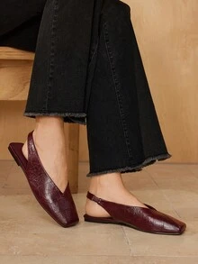 MOTF 复古方头露背芭蕾平底鞋、一脚蹬平底鞋、 - 酒紅色 - 查看 7