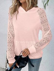 EMERY ROSE Hollow Out Hooded Long Sleeve Sweatshirt - Baby Pink - View 4