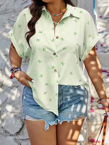 Calvaya Camisa de manga de murciélago con estampado de rayas y lazo, estampado circular, talla grande informal - Multicolor - Ver 1