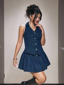 Jeanoix 条纹无袖牛仔连衣裙 - 深色水洗藍 - 查看 5