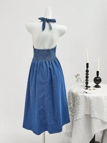 SHEIN MOD 女式褶饰V领休闲牛仔挂脖连衣裙 - 深色水洗藍 - 查看 2