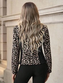 SHEIN Clasi Minimalist Fashionable Leopard Print Lace Patchwork Thin Jacket, Spring/Autumn - Multicolor - View 2
