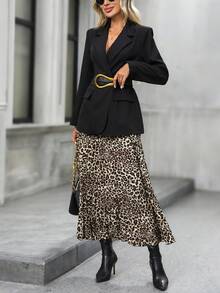 EMERY ROSE Women's Solid Color Belted Jacket, Leopard Print Pleated Skirt Suit Blazer Skirt Set Blazer Set Women Leopard Skirt Suit Fall Clothes For Women Cheetah Print Skirt Cheetah Skirt Outfit Going Out Outfit Chic Women's Set Office Outfits For Women