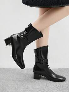 CUCCOO BIZCHIC Women's Pointed Toe Buckle Design Everyday Fashion Mid-Calf High Heel Boots