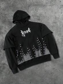 ROMWE MEN Goth Men's Fine Dotted Print 2 In 1 Black Hoodie, Suitable For Everyday Wear In Autumn/Winter - Black - View 3