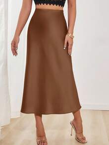 SHEIN PETITE 女士纯色美人鱼款长裙，缎面面料，优雅中长款，适合派对和日常穿着 - 鏽棕色 - 查看 4