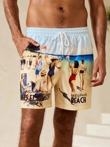 Manfinity Swimmode Men's Casual Printed Drawstring Beach Shorts - Multicolor - View 7