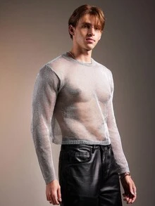 FeverCity Men's Loose Fit Crew Neck Long Sleeve Sweater, Fashionable For Autumn, Fall, Winter - Silver - View 5