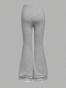 SHEIN 2 件套青少年女孩休闲卡通印花蝴蝶结装饰修身喇叭裤套装，黑色和灰色，秋冬