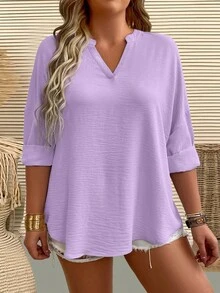 EMERY ROSE Plus Size Women's Casual Everyday Simple Solid Color Notched Neck Loose Blouse, Spring/Autumn - Mauve Purple - View 1
