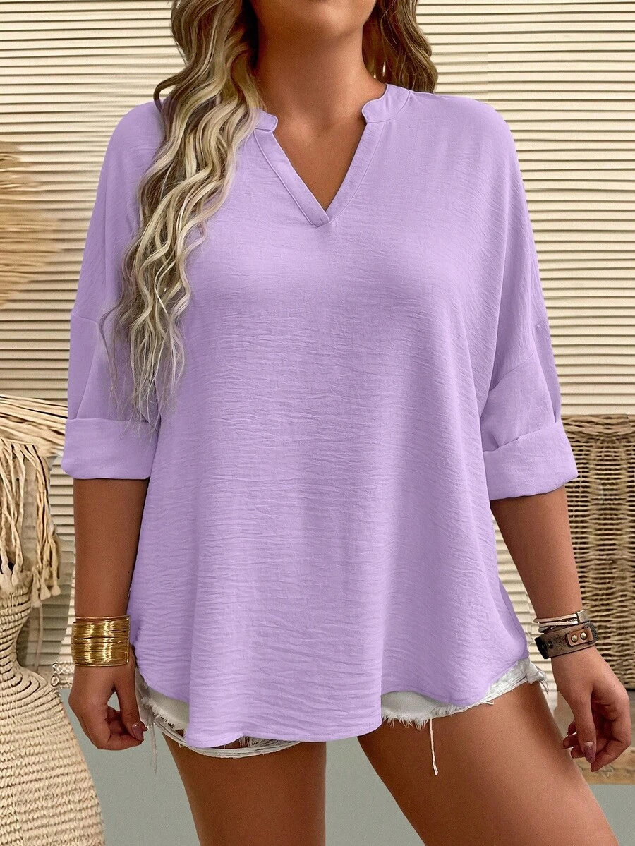 EMERY ROSE Plus Size Women's Casual Everyday Simple Solid Color Notched Neck Loose Blouse, Spring/Autumn - Mauve Purple - View 1