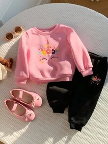 Bộ 2 quần dài thể thao và áo nỉ cổ tròn in họa tiết ngựa hồng cho bé gái, thoải mái, dễ thương, lót lông, mặc mùa thu/đông - Hồng - Xem 4