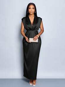 SOLERSUN Women Commute Minimalist Office Old Money Simple Lapel Neck Batwing Sleeve Ruched Bodycon Satin Dress Maxi Women Outfit - Black - View 4