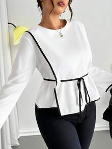 Firerie Plus Size Contrast Color Trim Round Neck Long Sleeve Tie Front Casual Fashion Shirt - White - View 4