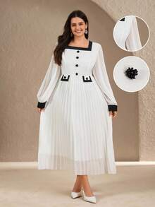 SHEIN Clasi فستان أنيق مطوي بألوان متباينة مقاس كبير - أبيض - مشاهدة 2