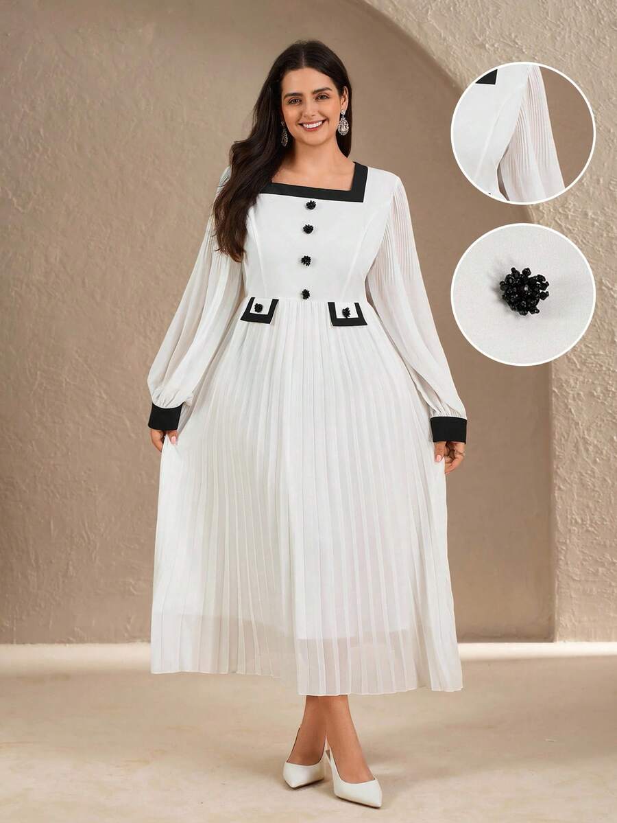 SHEIN Clasi فستان أنيق مطوي بألوان متباينة مقاس كبير
