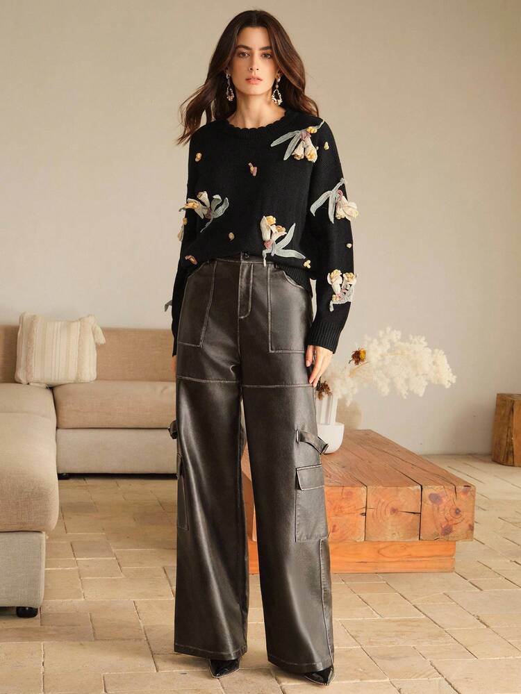 Women's Fashionable 3D Floral Embroidery Long Sleeve Knit Sweater, Versatile Pullover Sweater For Autumn/Winter, Christmas