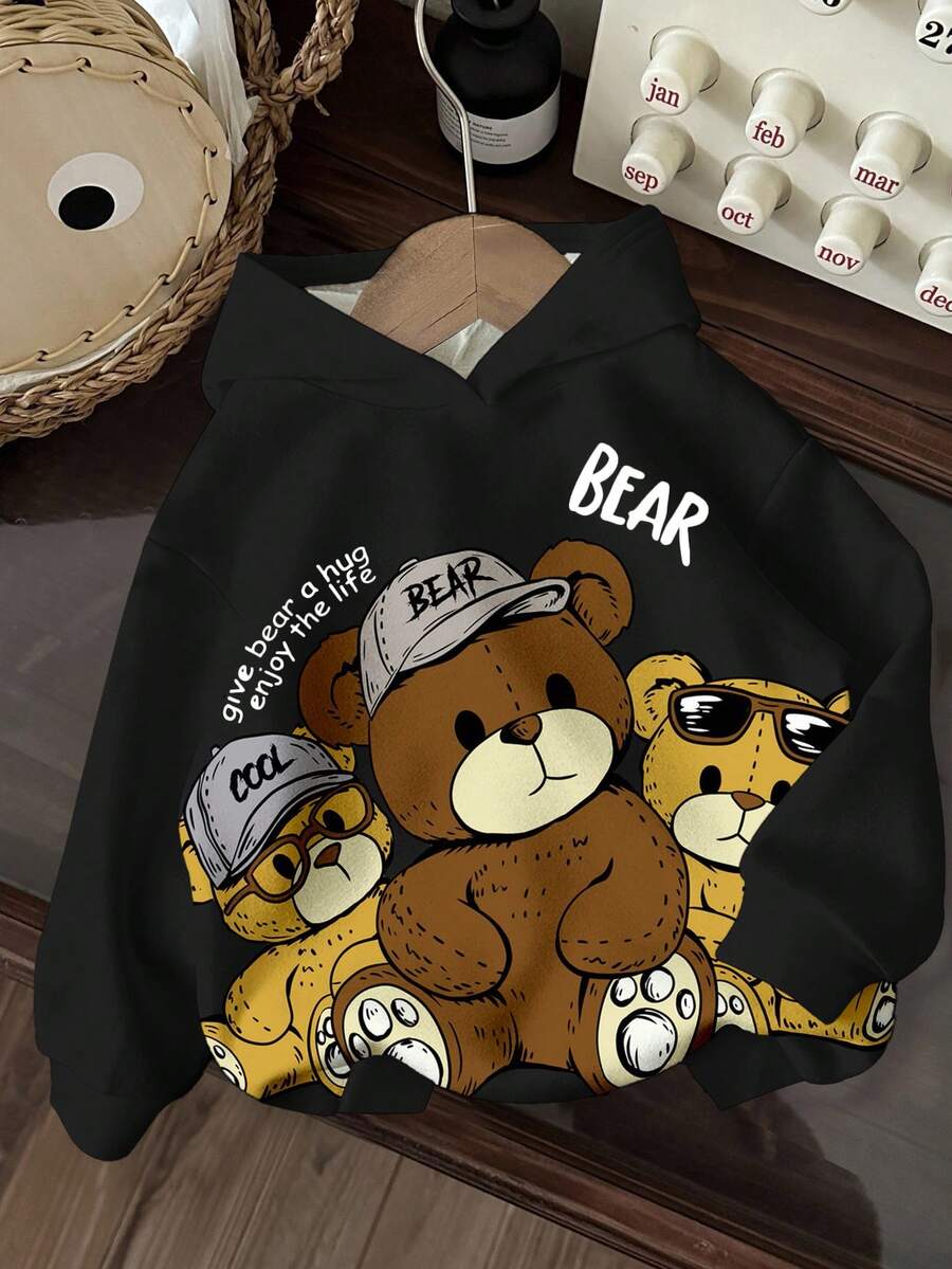 SHEIN 黑色男婴休闲宽松舒适卡通熊图案柔软针织卫衣，适合秋冬季穿着