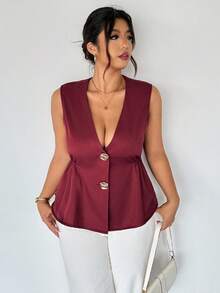 Firerie Chaqueta sin mangas con cuello en V profundo estilo francés retro de primavera y otoño, con 2 botones metálicos asimétricos, diseño de cintura plisada, bolsillos, tela de textura de bambú morado, adecuada para el Día de San Valentín, conciertos, actuaciones, citas, cenas formales, galas, bodas, sexy, elegante, viajes al trabajo, vuelta al colegio, vacaciones, playa, oficina, estilo sirena, fiesta de cumpleaños