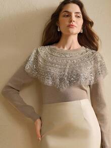 Anewsta Elegant Women's Beaded Collar Floral Embellished Sweater - Khaki - View 6