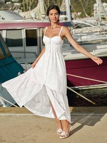 Enchnt Women's Vacation Burnout Embroidered Single-Breasted Casual Cami Dress - White - View 5