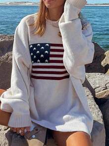 SHEIN Tall Áo len chui đầu phong cách đường phố rộng rãi thoải mái họa tiết cờ châu Âu và Mỹ mới cho nữ - Màu be - Xem 3
