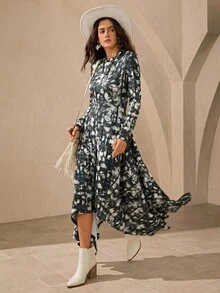 Wildy Women's Dark Green Geometric Print Long Sleeve Maxi Dress,Autumn Boho Asymmetric Hem Bodycon Dress,Casual Fashion Vacation Holiday Street Style - Beige - View 1