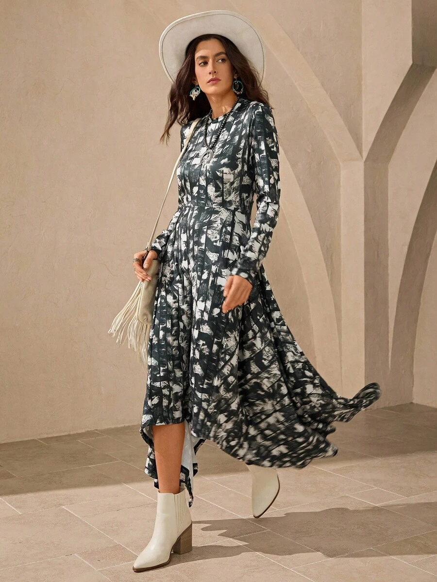 Wildy Women's Dark Green Geometric Print Long Sleeve Maxi Dress,Autumn Boho Asymmetric Hem Bodycon Dress,Casual Fashion Vacation Holiday Street Style - Beige - View 1