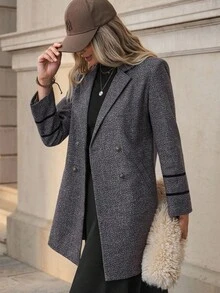 Solivie 秋冬女士纯色双排扣优雅长袖大衣 - 咖啡棕 - 查看 1