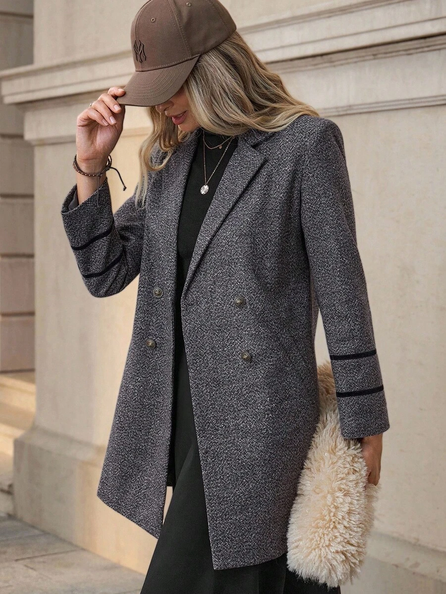 Solivie 秋冬女士纯色双排扣优雅长袖大衣 - 咖啡棕 - 查看 1