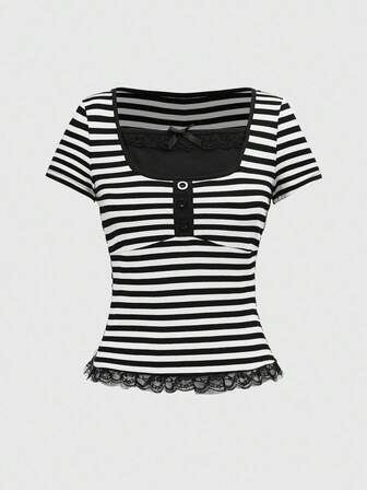 Fairycore T-shirt femme vintage Y2K 2 en 1 avec rayures et bordure en dentelle contrastée