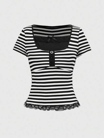 ROMWE Fairycore Dames Y2K Vintage 2-in-1 gestreept contrasterend T-shirt met kantafwerking