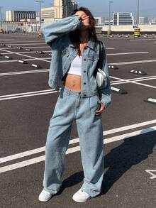 DAZY Women's Textured Fabric Collared Top And Casual Jeans Set, Autumn Y2k - Blue - View 5