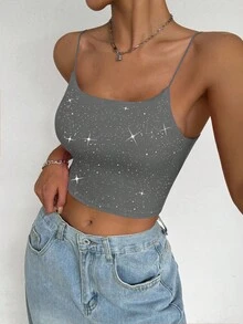 Chiquease Shiny Glitter Party, Commute, Daily Wear Camisole Top For Women, Wireless Sparkly Top Rhinestone Crop Top Crop Top With Built In Bra Sparkly Crop Top Grey Crop Top - Grey - View 6