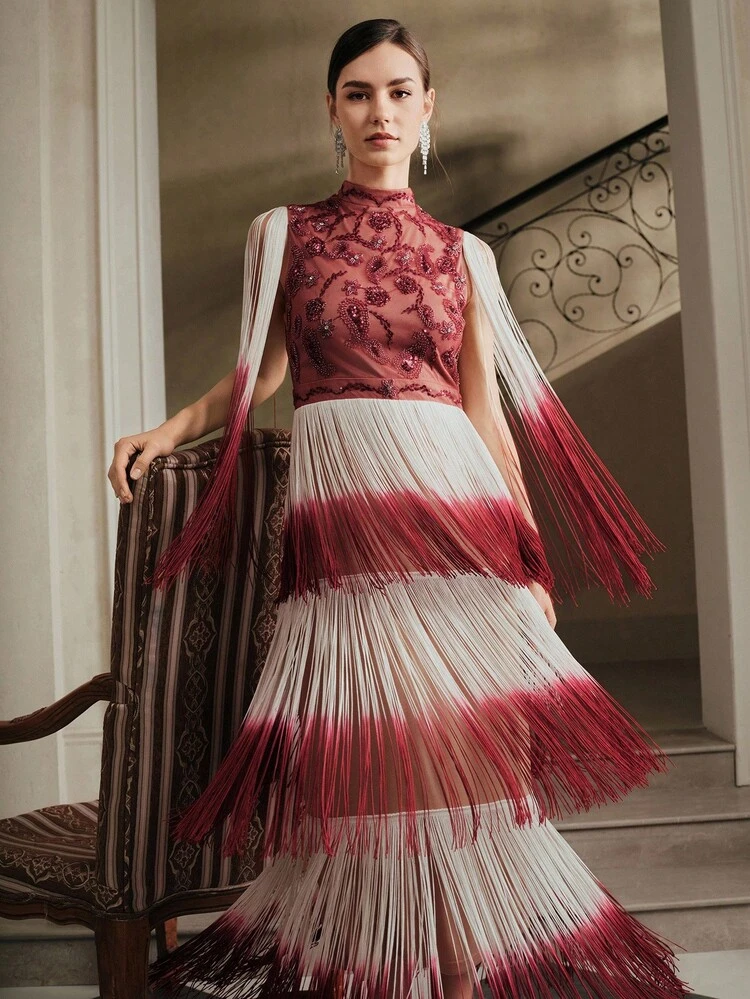 Najlepiej sprzedająca się damska sukienka bankietowa w stylu boho z wysokiej jakości materiału, z frędzlami i koralikami, idealna na jesień, zimę, Nowy Rok, imprezę, wesele, elegancka, szykowna, czerwona, stylowa