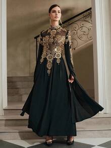 Anewsta 女式新款哥特式雪纺镶珍珠高领高端派对礼服 - 黑色 - 查看 6