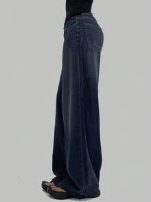 DAZY 女款复古高腰喇叭牛仔裤，设计感十足的高腰修身垂坠长裤 - 藏蓝色 - 查看 8