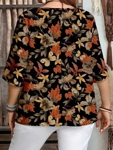 EMERY ROSE 秋季枫叶乡村度假风格休闲花卉印花纽扣前宽松大码女式衬衫，适合春秋季时尚 - 彩色 - 查看 8