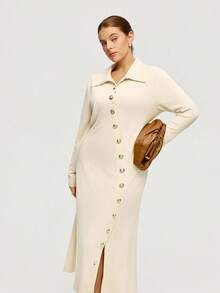 Calvaya Plus Size Women's Solid Color Long Sleeve Button Design Fitted Textured Bodycon Elegant Dress Fall Cloth For Women - Apricot - View 5