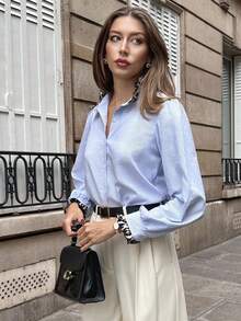 Chiquease 法式浪漫优雅毕业演唱会商务休闲老钱风静谧风通勤淡蓝色条纹衬衫长袖2025春夏秋冬度假沙滩休闲宽松居家学院风豹纹荷叶边白色纽扣新款女衬衫夏日度假阳光之旅休闲春装 - 藍色 - 查看 7
