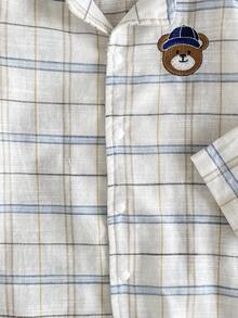 男婴柔软舒适蓝白格子布可爱小熊刺绣长袖连体睡衣新生儿男宝宝连体衣格子婴儿服男宝宝连体衣新生儿睡衣男宝宝新生儿服装新生儿秋装男宝宝冬季连体衣 - 白色 - 查看 6